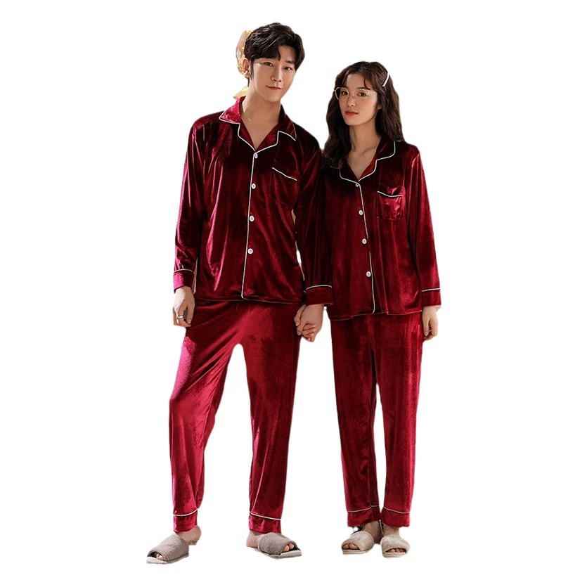 Пара пижамы Осень и зима новый длинный рукав однотонный лацкан золотой бархат корейский стиль простая мода плюс размер Домашняя одежда костюм