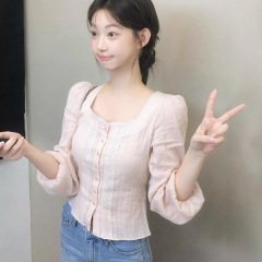 甜美风显瘦方领单排扣长袖上衣小衫女秋季新款复古文艺纯色衬衫女