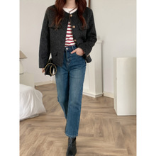 午后小狐狸  法式牛仔裤女冬加绒加厚直筒高腰韩国德绒复古显瘦九