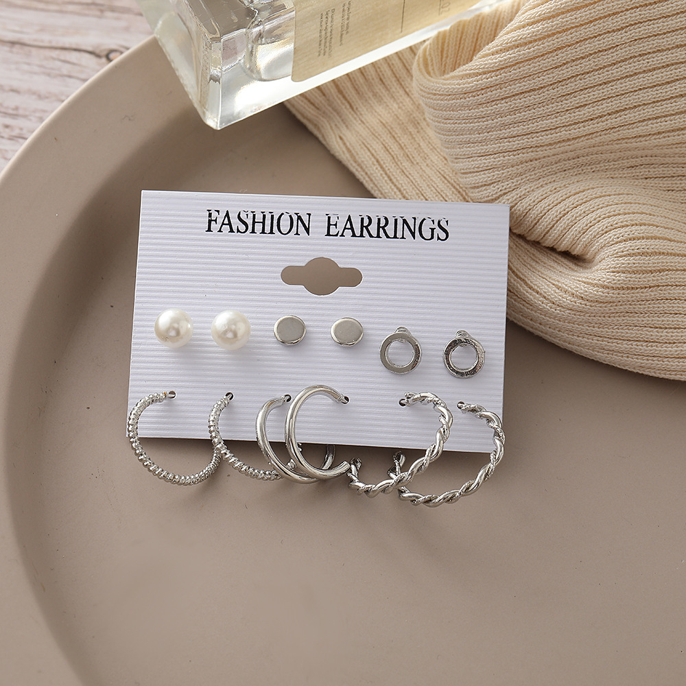 New Retro Simple Temperament Jewelry Plain Circle Silver Simple Earring Set 6-piece Set display picture 6