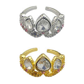 跨境欧美时尚镶钻锆石皇冠戒指镂空高级感气质开口可调节指环礼物