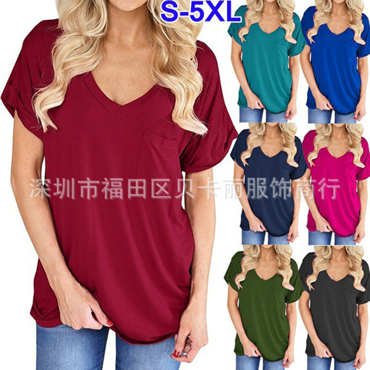 Wish AliExpress Amazon ebay2023 spring and summer Europe and the United States new simple pocket short sleeve T-shirt top women's clothing Wish AliExpress Amazon ebay2023 spring and summer Europe and the United States new simple pocket short sleeve T-shirt top women's clothing