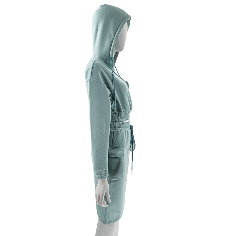 Women's Skirt Suit V Neck Hooded Solid Colour Long Sleeve Set_voghion.com