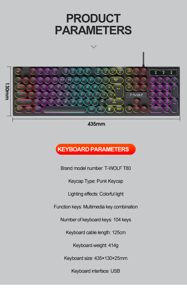 T-WOLFT80 kablolu punk klavye, parlak USB bilgisayar klavye seti_voghion.com