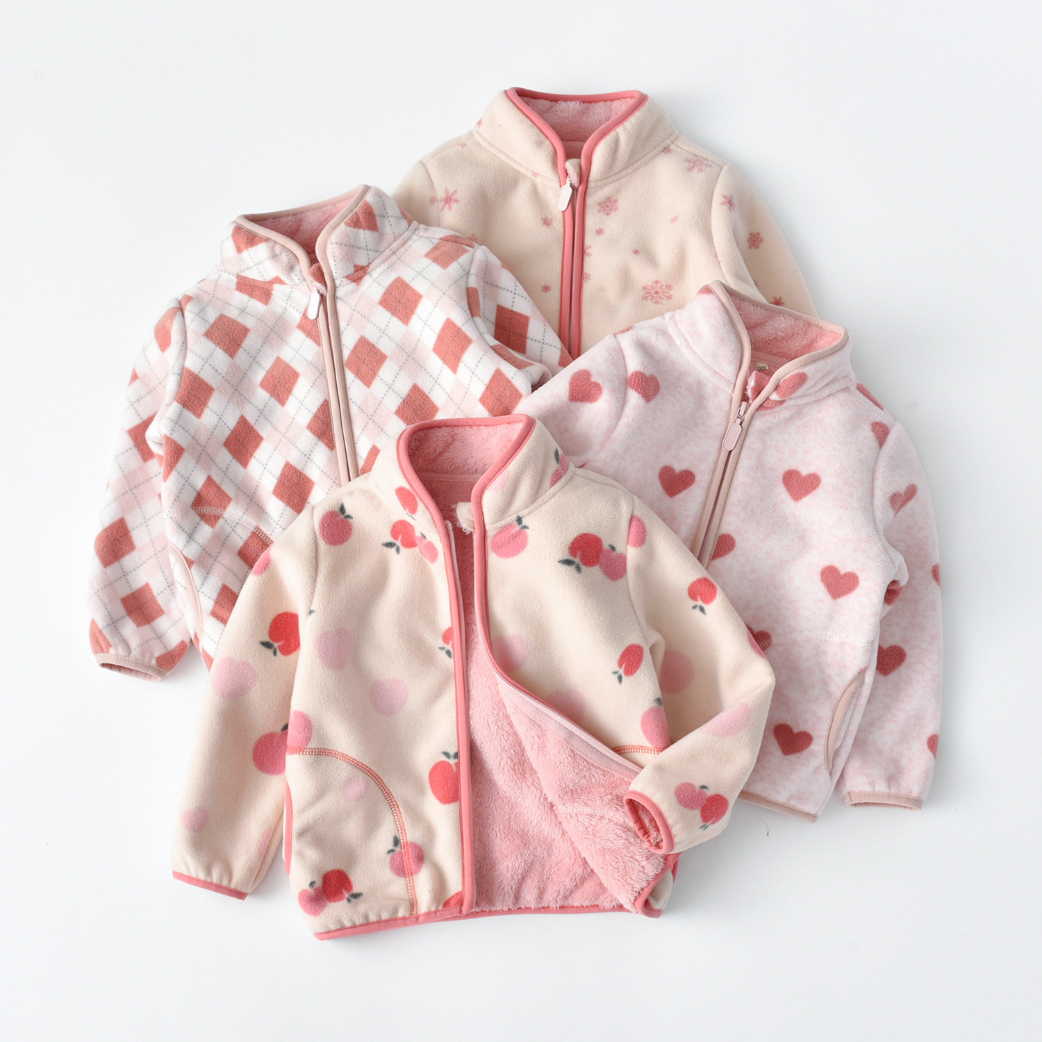 【2021新品】自主设计可爱图案 女宝摇粒绒外套 儿童立领加绒粉色