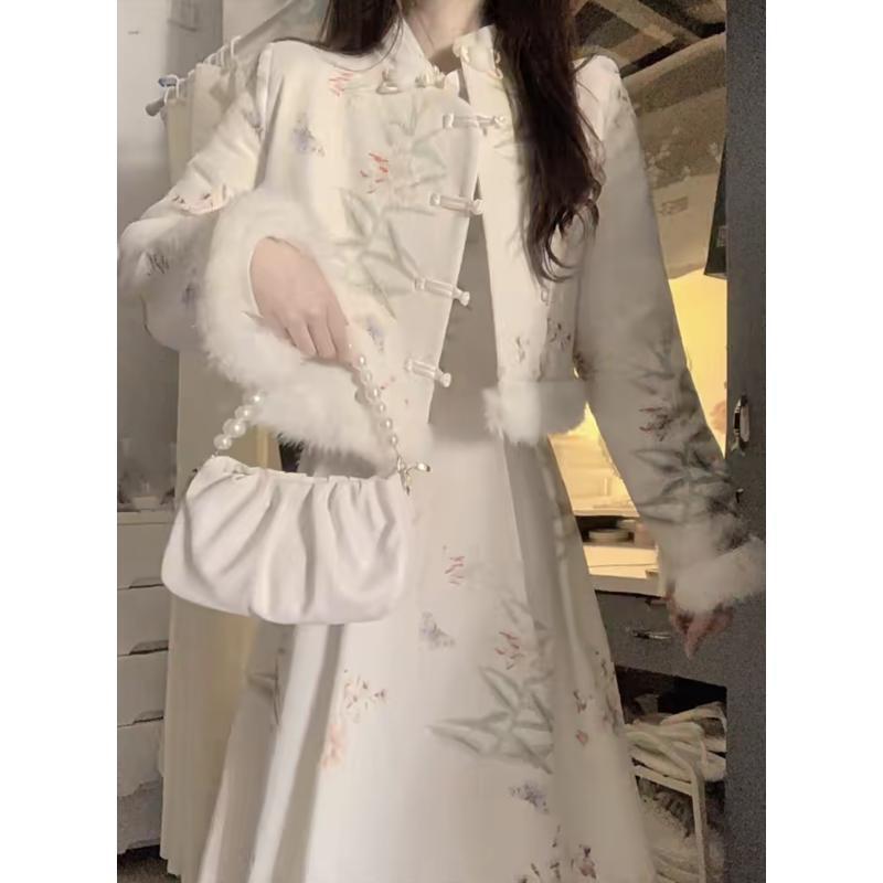秋冬新中式复古改良旗袍碎花连衣裙毛边拼接短款外套时尚套装裙女