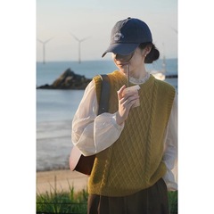 Ramesse秋麦穂菱紋麻花レトロニット馬甲丸襟セーターベスト黄/杏