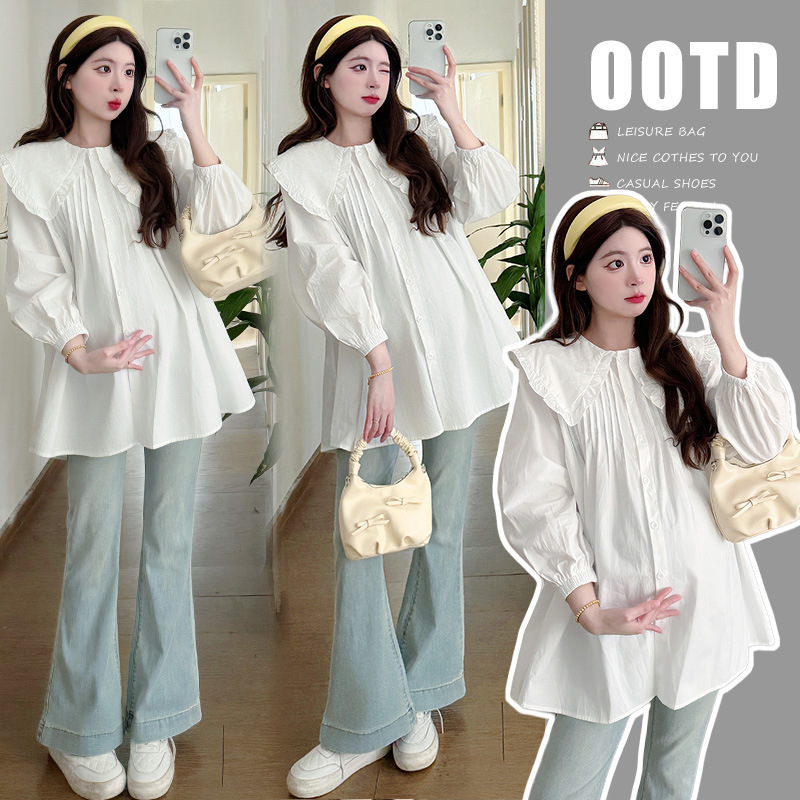 Maternity Wear 2025 Early Autumn New Style Maternity Cute Doll Collar Age-Reducing Versatile Shirt Top with Buttons for Breastfeeding