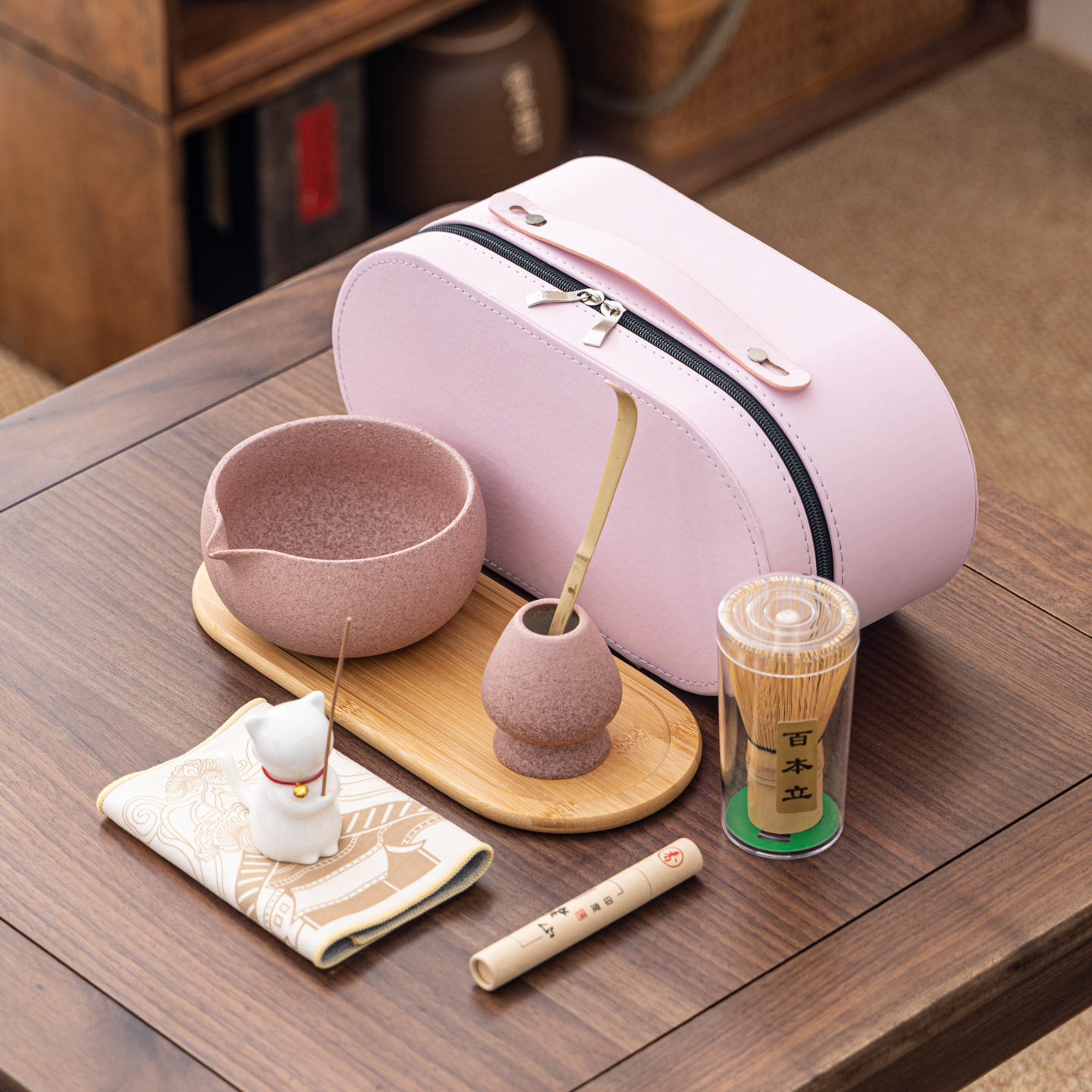 Cuenco de matcha corrugado caja de cuero set adorable gatito Xiangdao ocho piezas set punto té 100 tazas de té