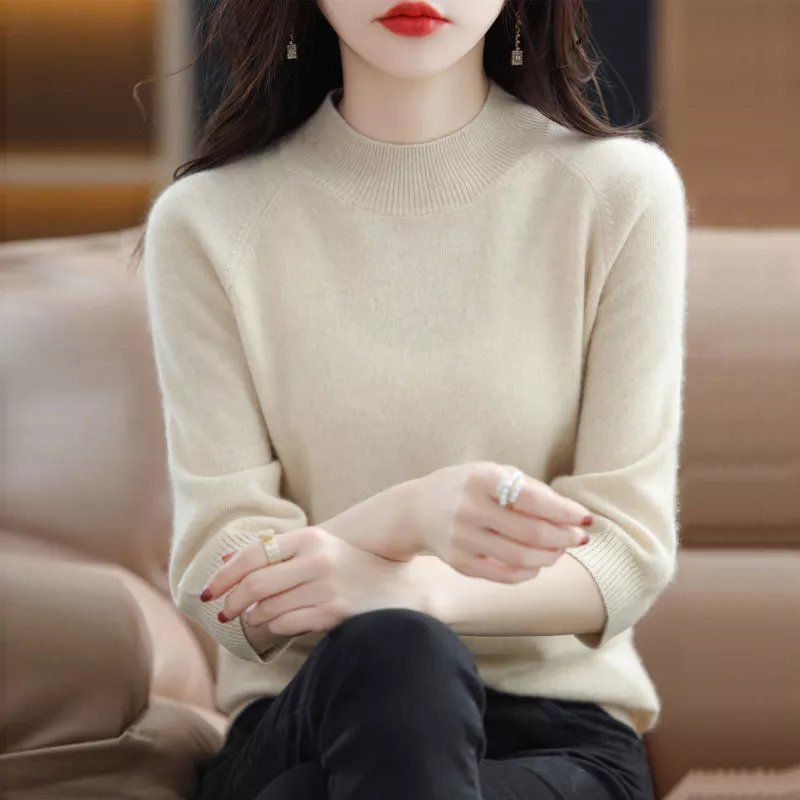 春秋毛衣女新款半高领韩版宽松套头七分袖百内搭针织打底衫女上衣|undefined