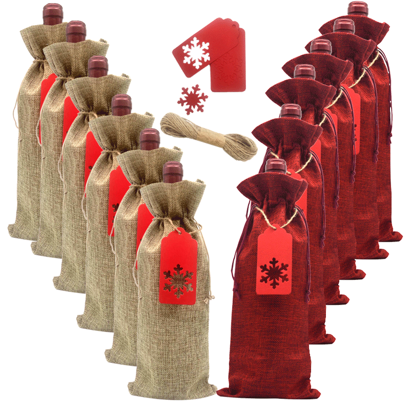 12 piezas arpillera bolsa de vino traje arpillera bolsa de regalo copo de nieve Kraft etiqueta de papel banquete de boda ciego bolsa de degustación de vino