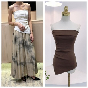 7764 Summer French Retro 16-Pin Dense and Not Easy to Fall Off One-Line Collar Backless Tube Top Pleated Asymmetrical Top for Women