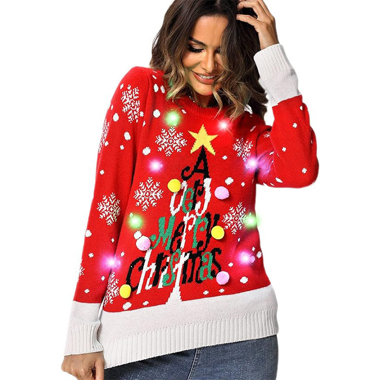 Led Light Glowing Christmas Sweater Xmas Tree Built-In Bulb Jacquard Pullover Ugly Holiday Hairball Knitted Top