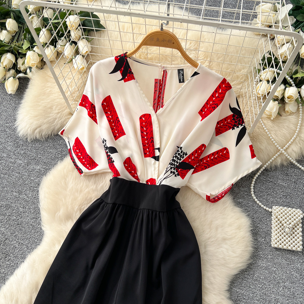 Korean Style Women's V Neck Jumpsuit High Waisted Wide Leg Pants Slimming Print Workwear Summer Elegant Long Romper_ecoleips.com