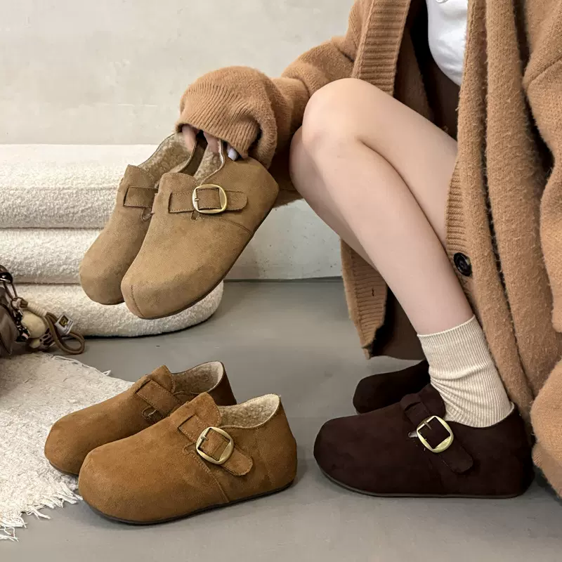 加绒厚底勃肯鞋女毛毛鞋2025新款冬季女鞋子网红爆款豆豆乐福棉鞋