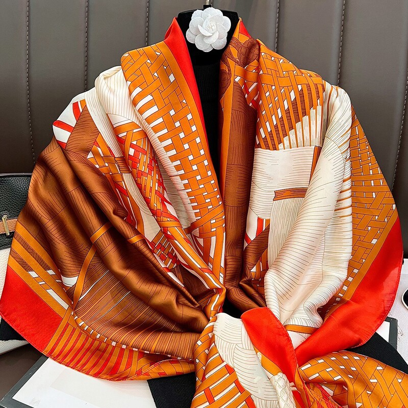 Silk Scarf Women's Spring and Autumn New Arrival Brocade Satin Large Long Scarf Korean Fashion Printed Scarf Air Conditioning Shawl Outer Beach Towel
