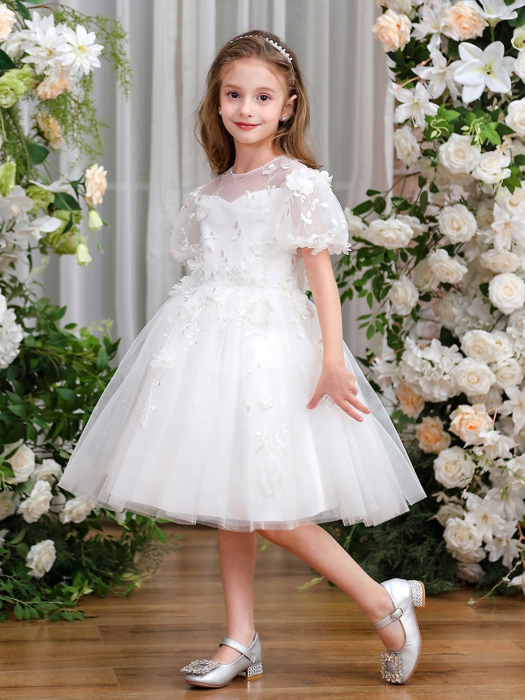 Nuevos productos vestidos de niños falda de niña niña niña flor de color sólido bambú pompa de manga corta vestido de princesa fábrica en stock