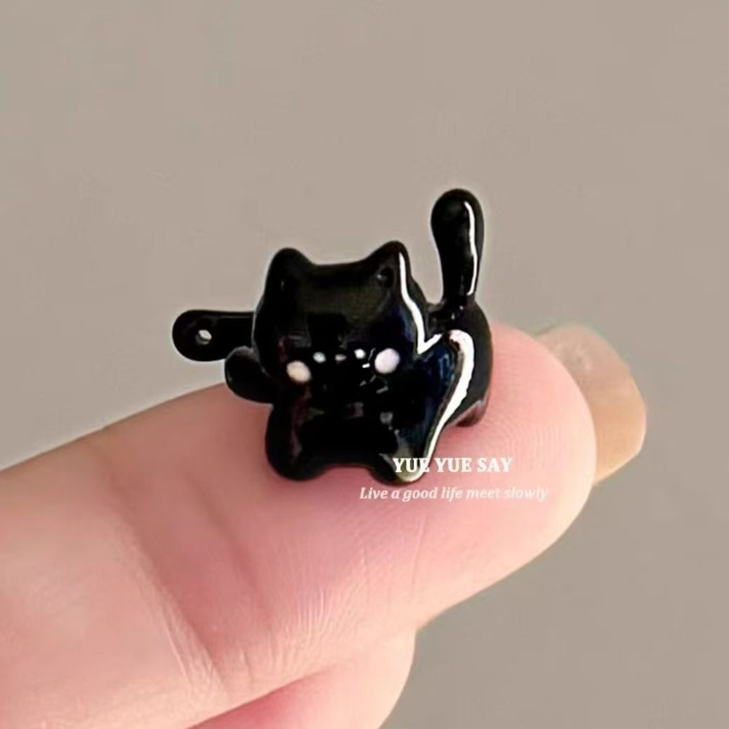 Cute gato negro ~ dibujos animados esmalte goteo de aceite hecha a mano personalidad de abrazaderas de orejas de la niña dulce sin agujeros de orejas de orejas de la mujer