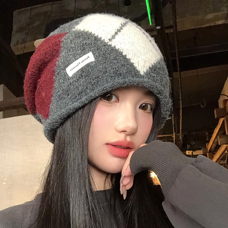 韩系棱形拼色针织堆堆帽女秋冬保暖护耳冷帽大头围显脸小包头帽子|undefined
