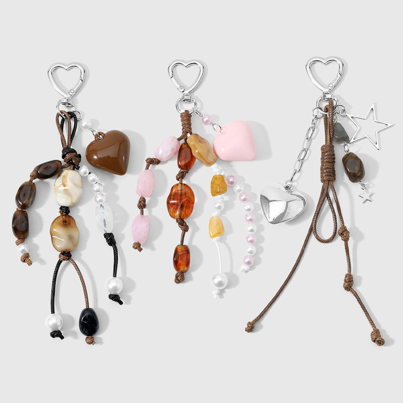 Vintage Fashion Amber-Colored Faux Stone and Imitation Pearl Beaded Rope Heart and Star Keychain Bag Pendant