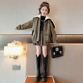 女童牛角扣皮衣外套2025秋冬新款儿童洋气时髦夹克秋装百搭上衣潮