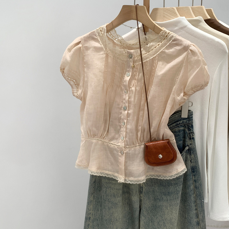 Gentle Style Lace Splicing Puff Sleeve Chiffon Shirt for Women Summer New Style Lyocell Tencel Ramie Short Top