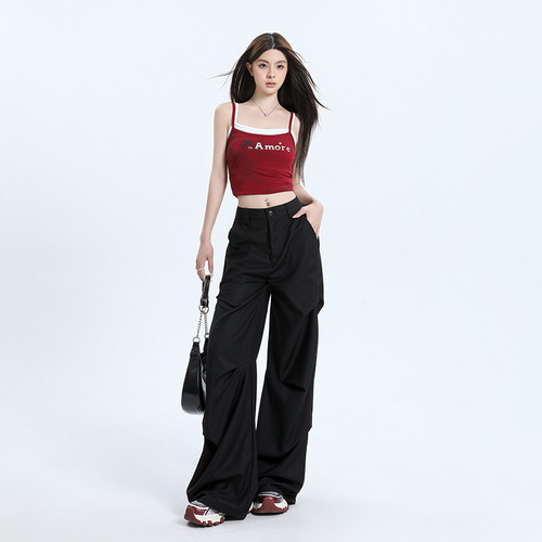 Niche design high-street black pleated loose casual wide-leg over-the-knee floor-length work pants