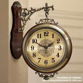 美式实木金属双面挂钟客厅静音欧式两面挂表创意墙钟石英钟表大号