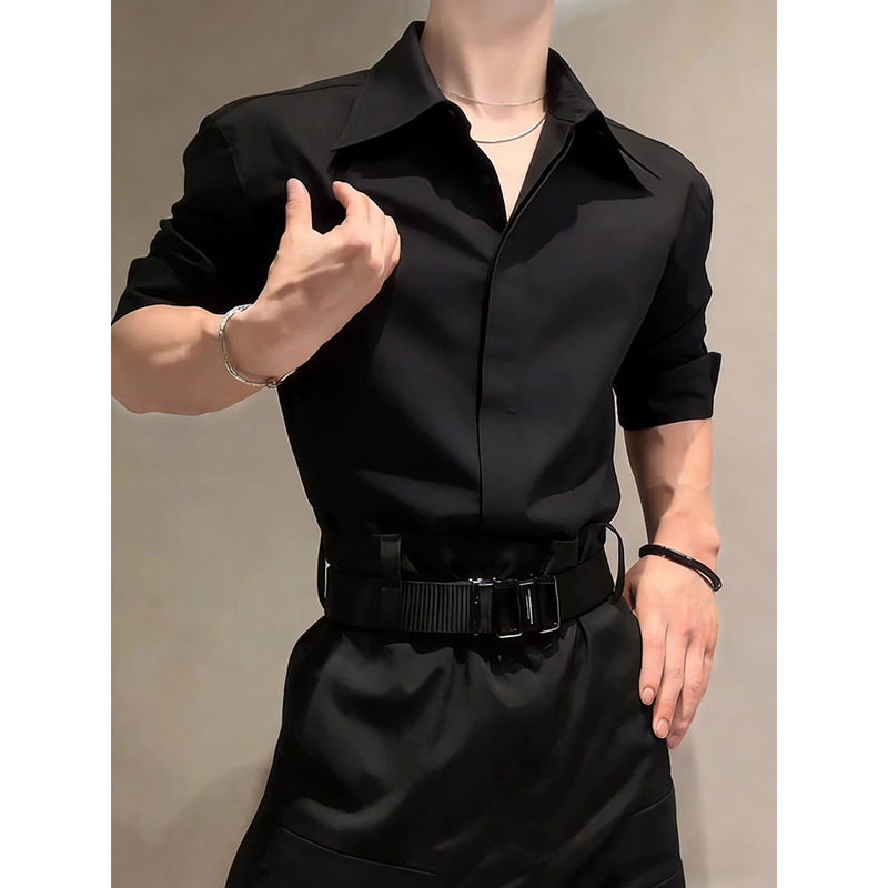 British-Style Dandy Black Long-Sleeved Shirt for Men, High-End and Stylish, Suitable for Layering under a Suit, Korean-Style Outfit, Naples Shirt