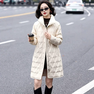 羽绒服女外套26冬季新款中长款连帽保暖外套轻薄羽绒服菱形格大码