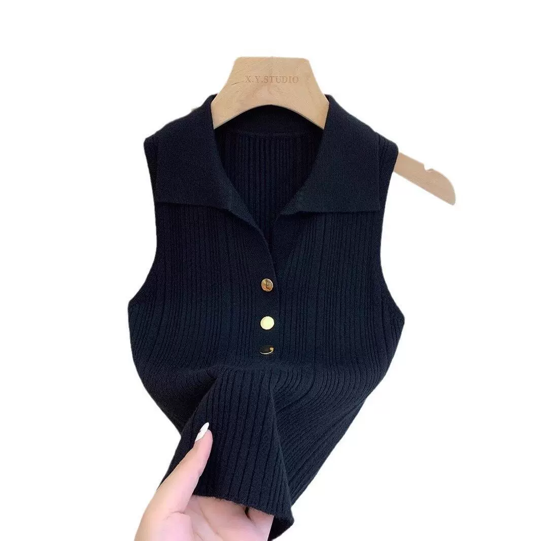2025春季小香风金扣Polo领针织背心女法式无袖独特别致修身上衣潮