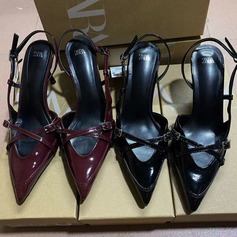 ZA New 2024 Summer Foreign Trade Fashion Cross Buckle with Pointed Heeled Sandals British Style Mueller Women's Shoes