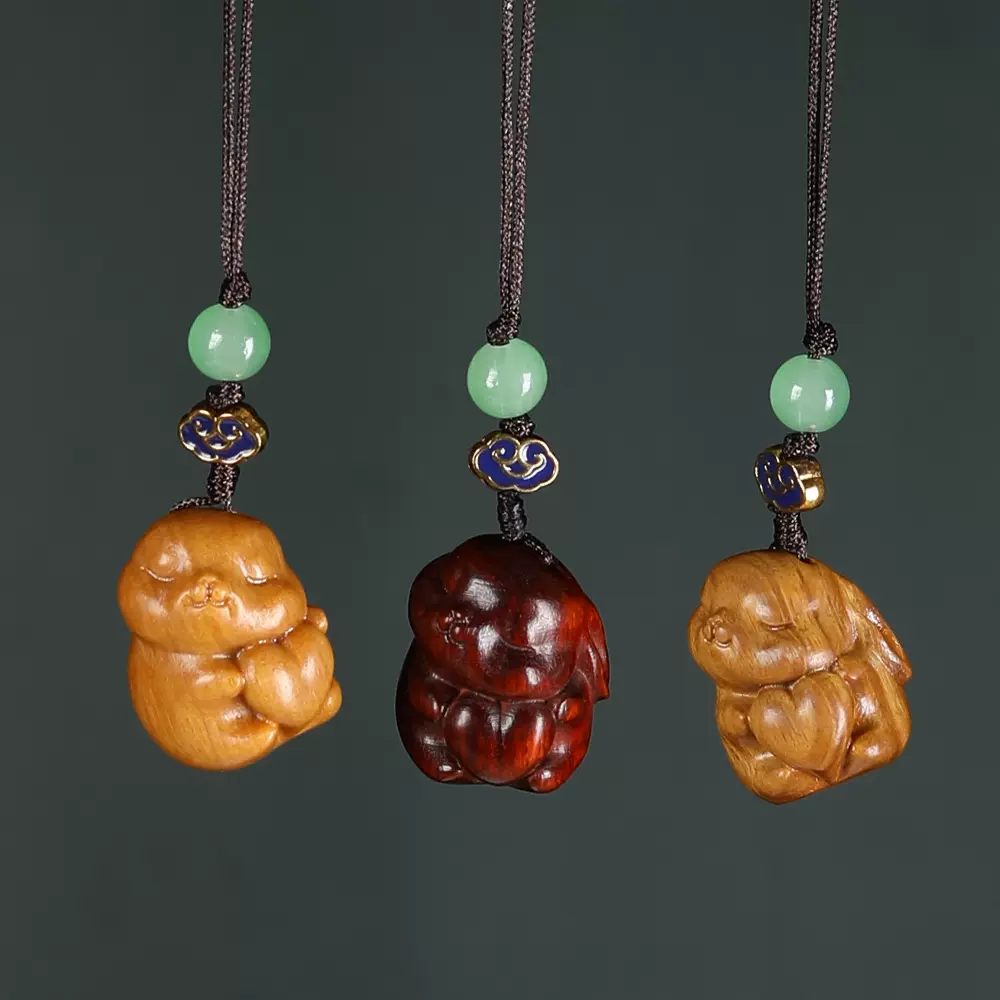 绿檀木雕可爱小兔子实木雕刻生肖兔紫檀檀香手把件钥匙扣手机挂件