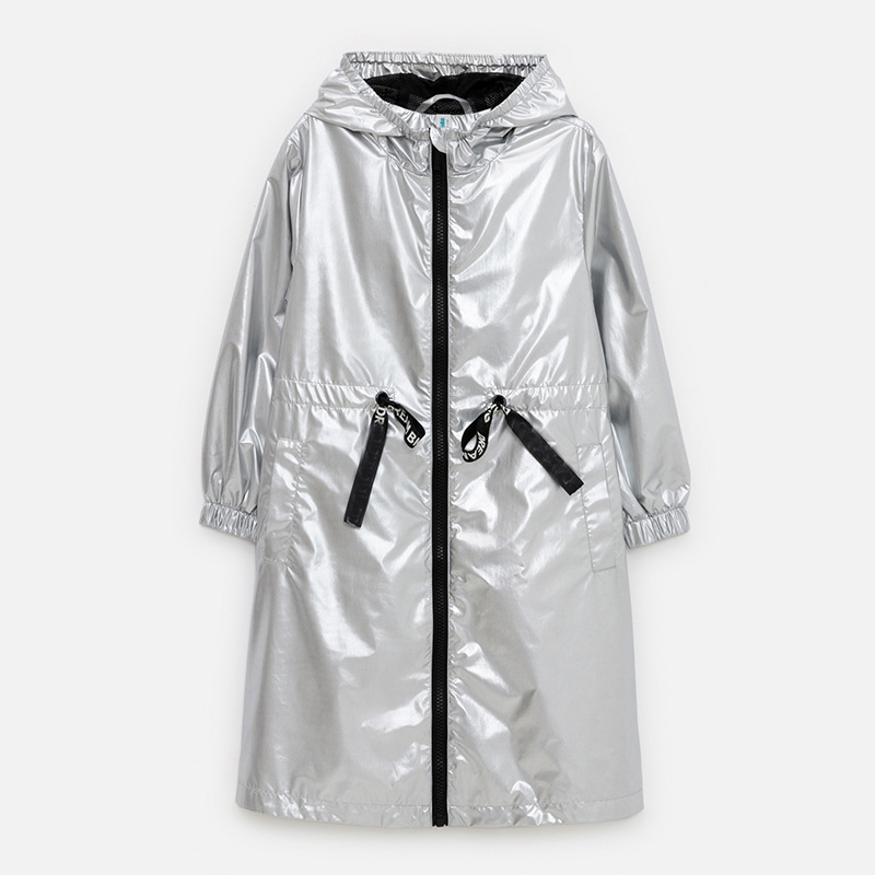 European and American Style Children's Raincoat, Spring and Autumn Hooded Loose Long Trench Coat, Fashionable Casual Bright Silver Clothing, Waterproof Jacket