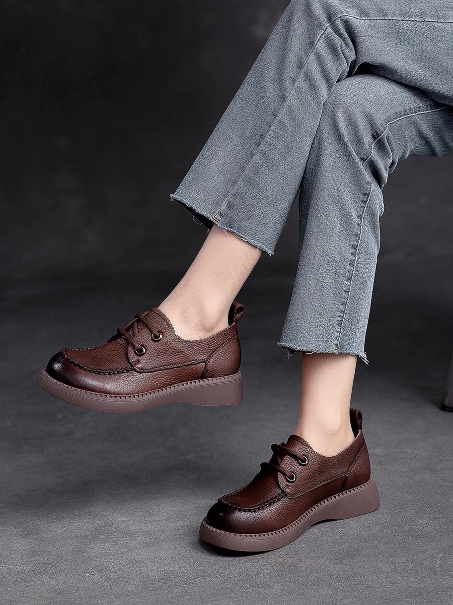 Zapatos de mujer de cuero cosidos a mano en otoño, zapatos retro de suela suave de una sola capa de cuero de vaca, zapatos de cuero casuales variados