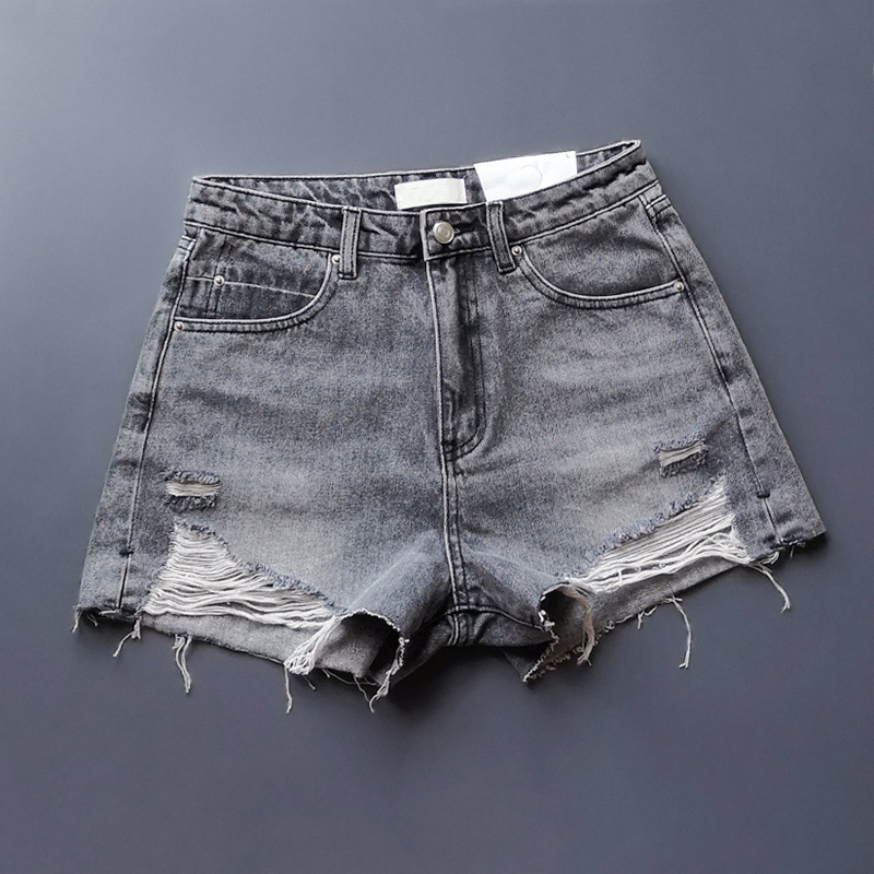 High-Waisted 2025 Summer New Ripped Ash Gray Slim-Fit Denim Shorts with Tassels Wide-Leg Hot Pants for Women Trendy