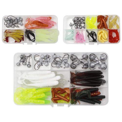 Hunting high lure lure lead head hook full set of boxed micro objects 75 pieces single tail soft bait T tail fake bait bionic lure cross-border