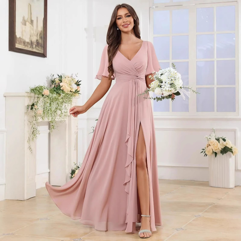 Elegant Chiffon Bridesmaid Dress with Sleeves, A-Line Pleated Formal Evening Gown, Slit V-Neck Wedding Dress