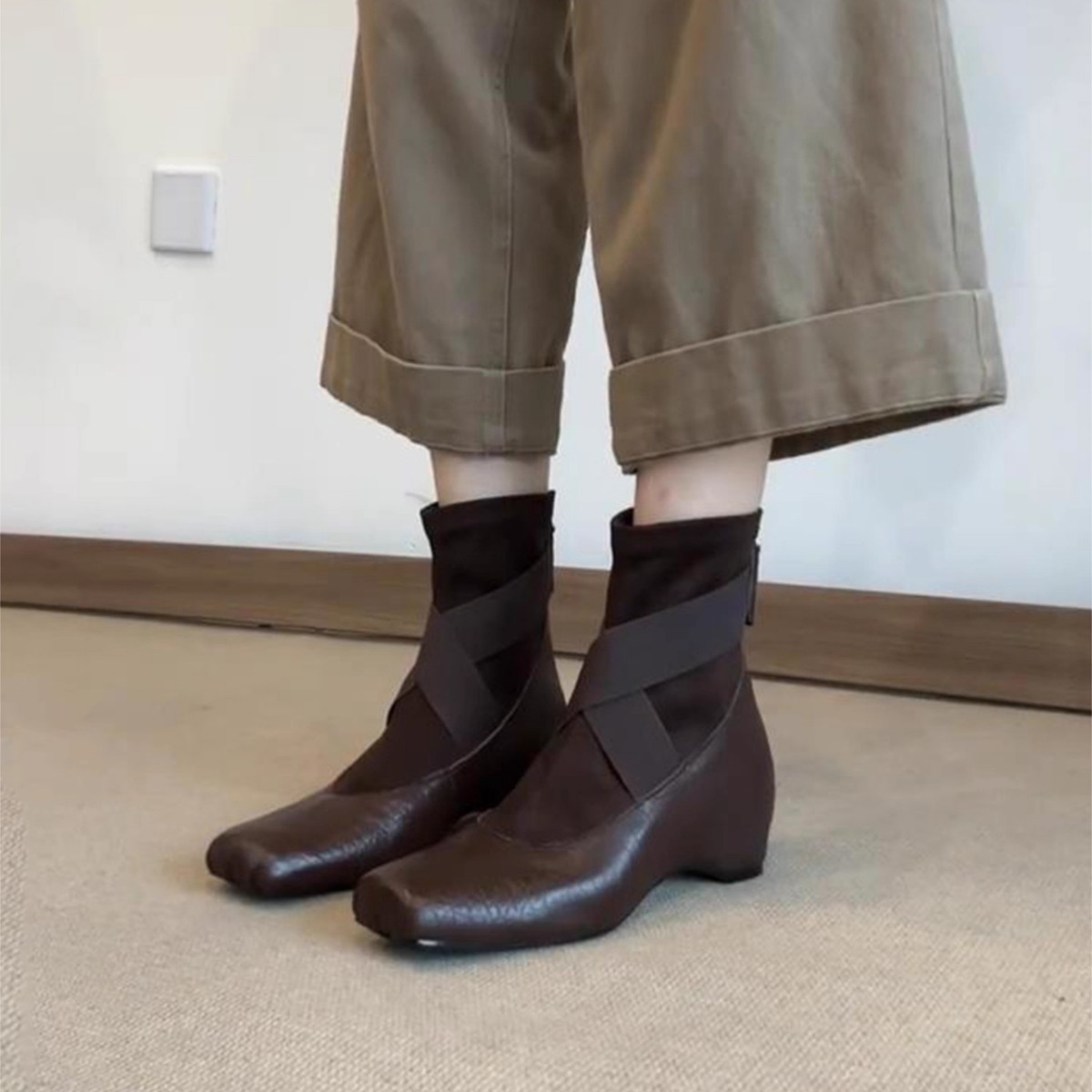 Cowhide Version ~ Inner Heightening Square Toe Short Boots for Women New Retro Brown Boots Cross Strap Elastic Slim Boots