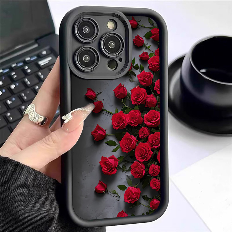 Large Rose Black Groove Suitable for Samsung Apple Iphone17/16/15/14/13 All-Inclusive Mobile Phone Case