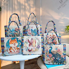 菱形キャンバスバッグ両面ゴールド刺繍ファッションハンドバッグデイリーポータブルハンドバッグ仕事弁当ハンドバッグ