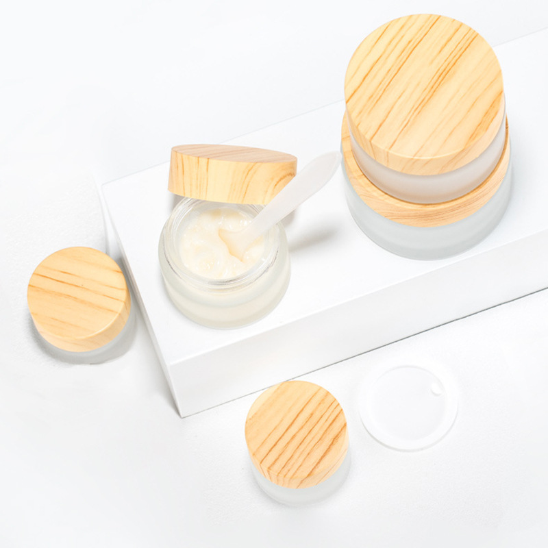 Cubierta de grano de madera caja de crema de vidrio botella de crema esmerilado crema de ojos botella vacía botella de vidrio cosméticos de viaje sub-botella muestra