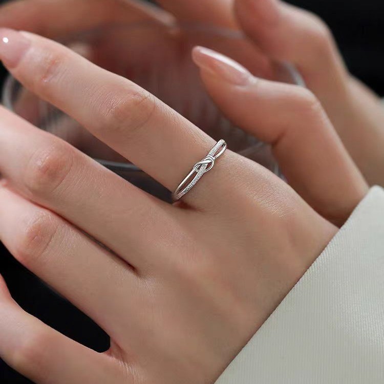 Fangxing S999 Pure Knotted Ring For Women, Niche Design, High-end Luxury, Open Index Finger Ring, Full Silver Band_voghion.com