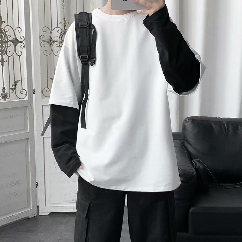 Fake Two-Piece Sweatshirt for Men, Spring and Autumn, Loose Long-Sleeve T-Shirt, Trendy Brand, Ins Hong Kong Style Base Shirt, Fashionable Couple Outerwear Set Fake Two-Piece Sweatshirt for Men, Spring and Autumn, Loose Long-Sleeve T-Shirt, Trendy Brand, Ins Hong Kong Style Base Shirt, Fashionable Couple Outerwear Set