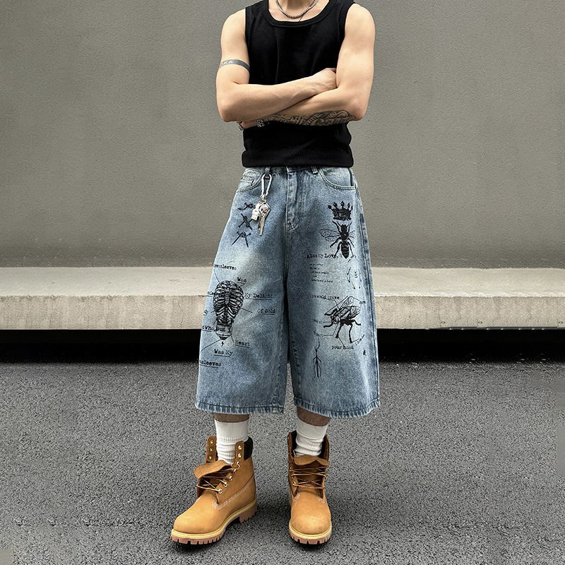 2024 American Street Washed Insect Graffiti Denim Shorts Men's Loose Straight Casual Capri Pants Summer