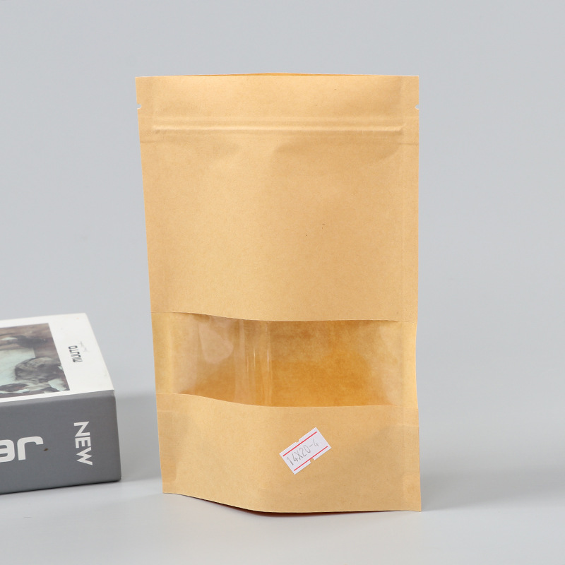 Spot bolsa de papel kraft con ventana transparente bolsa de embalaje de alimentos autosellada autoportante bolsa de té sellada de ocho lados fácil de rasgar