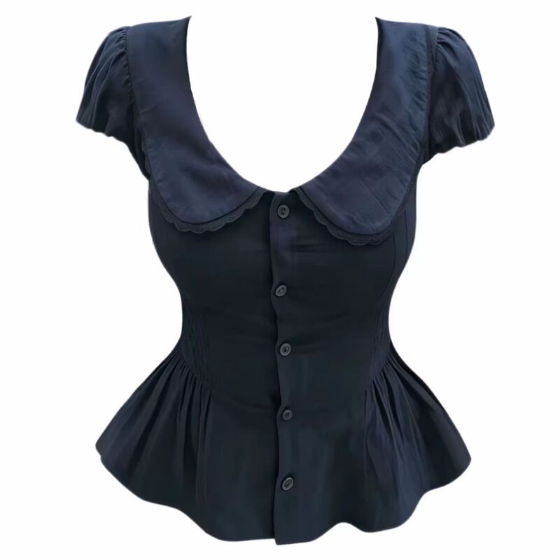 Plus-Size French-Style Doll Collar Puff Sleeve Shirt for Women, Summer, Dark Blue, Waist-Cinching, Slimming, Waist-Accentuating Design Top