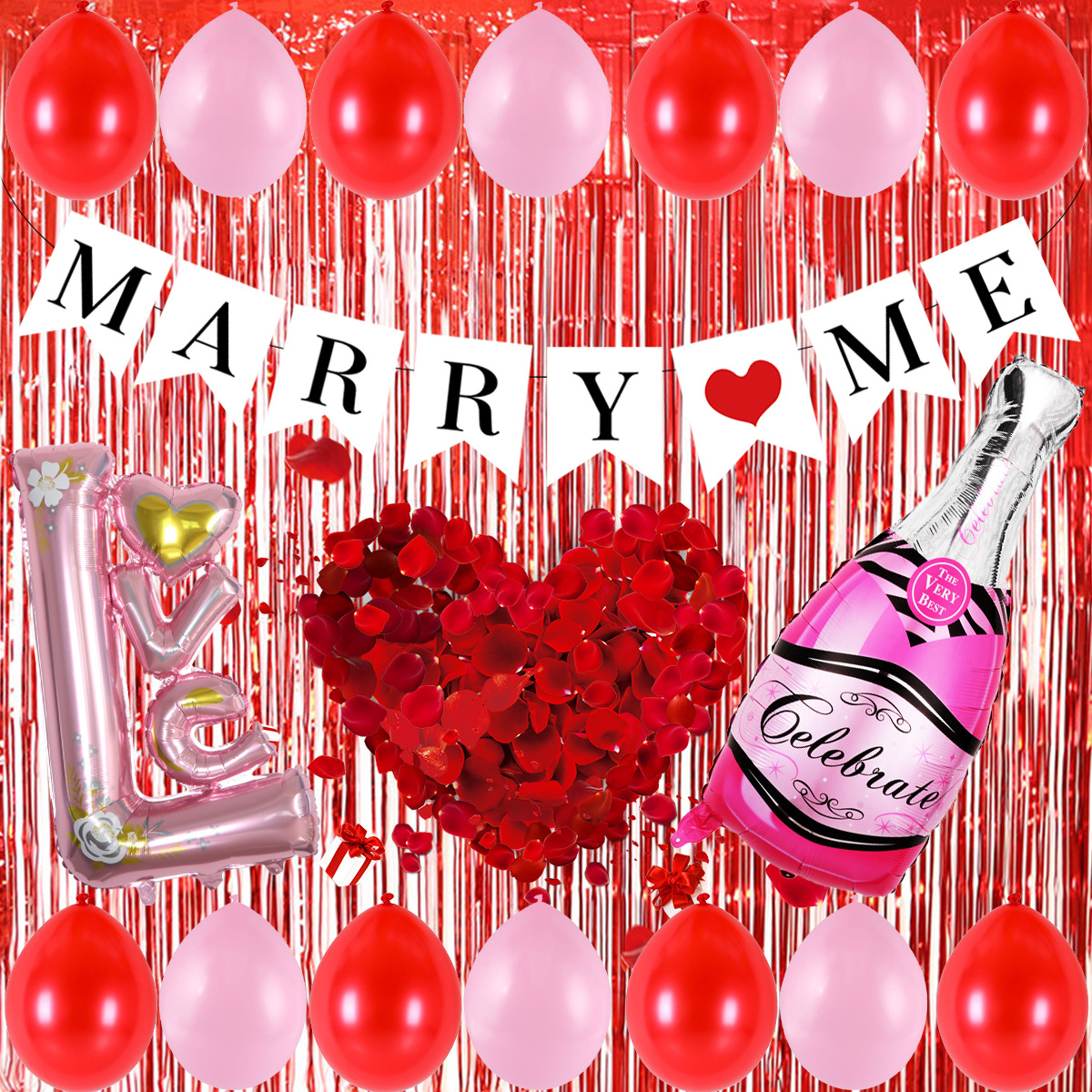 Día de San Valentín tema Fiesta abrazo oso lluvia seda cortina bandera globo traje rojo en forma de corazón globo diseño Decoración