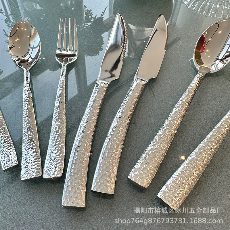 Milan Dream Hammer Pattern] Knife and Fork Spoon Set 304 Stainless Steel Western Restaurant Restaurant Steak Tableware Three-piece Set
