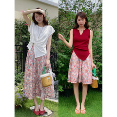 [フラワーウィスパー] Geming レトロ油絵風花柄スカート レディース 夏 ウッドエッジ ミドル丈スカート Y3920F